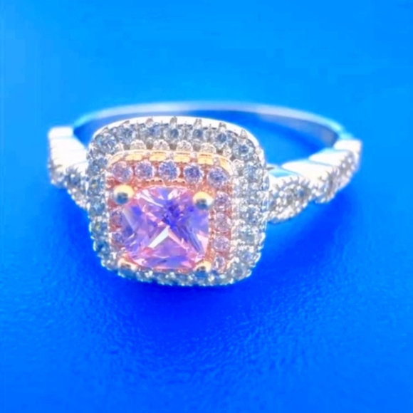 925 Silver Pave Set Square Cut Lab Created Pink Stone Cocktail Ring Size 7 - Picture 5 of 6